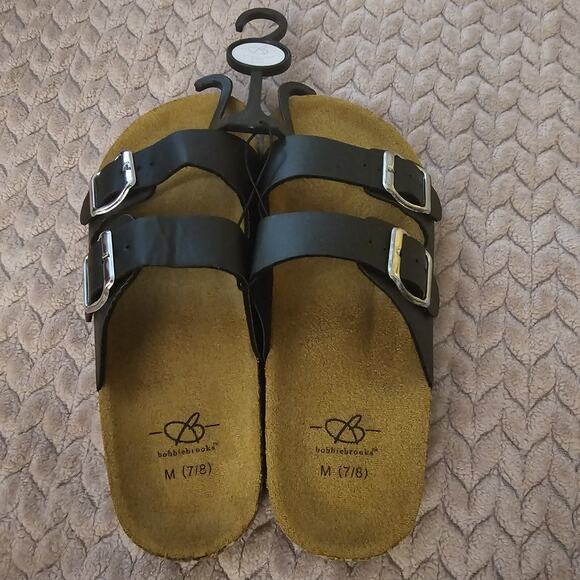 Bobbie brooks Black Leather Double Strap Cork Sandals Slides Women’s Size 7/8 - Picture 1 of 5